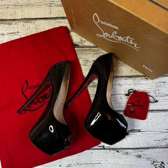 Christian Louboutin Highness Black Patent Platform Heels – Peep Toe, Size 39/9 - Picture 8 of 13